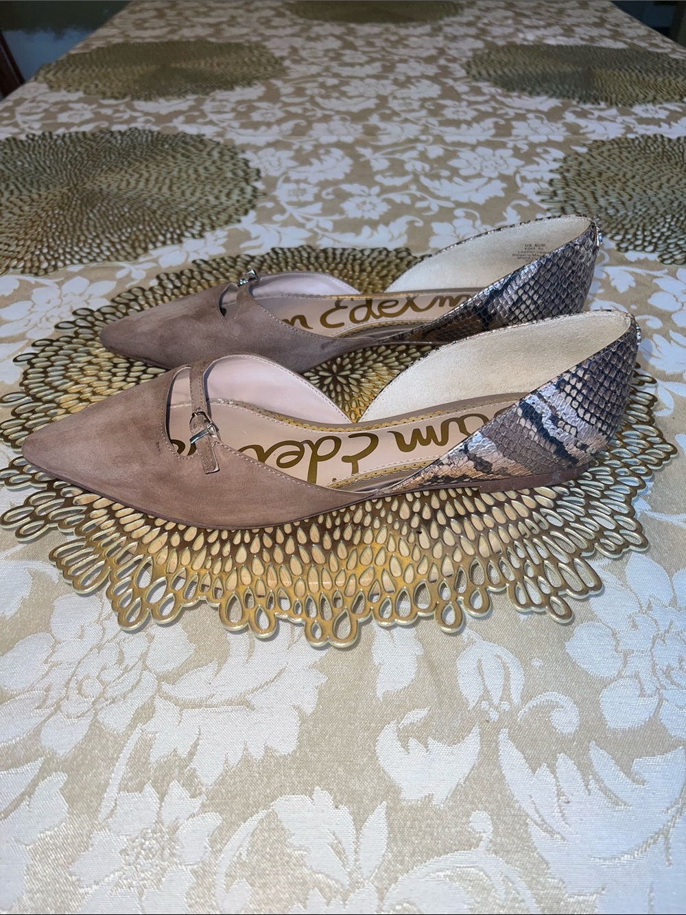 Sam Edelman Taupe Pointed-Toe D'Orsay Flats with Snake-Print Heel Accent Size 10